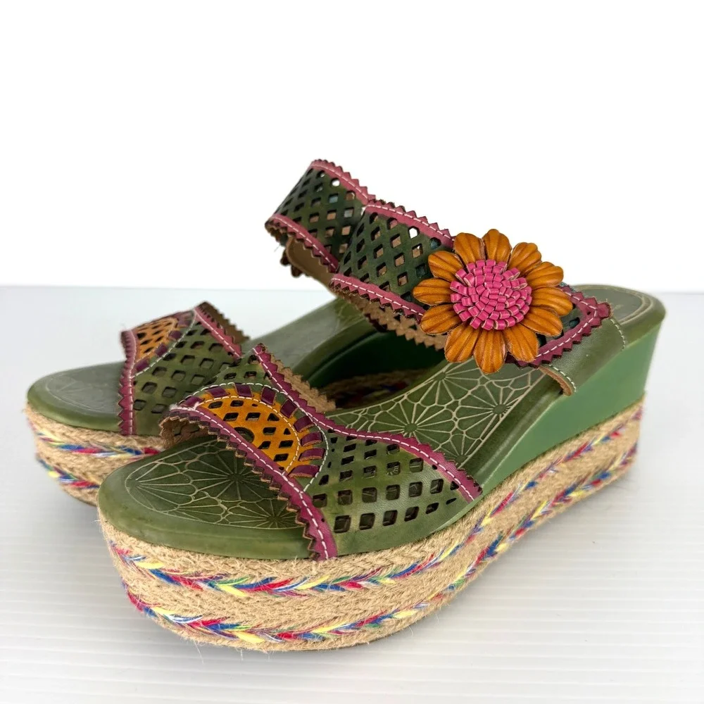 Spring Step L'Artiste Lona Green Leather Floral Wedge Sandals Slides EU 38
